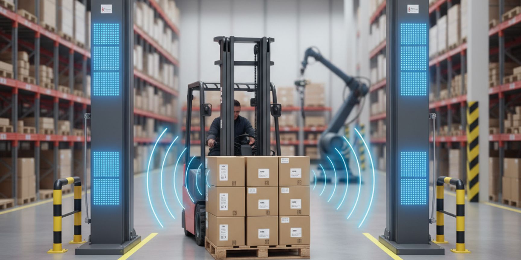 A forklift truck with stacked boxes on a pallet drives through a modern RFID gate in a large warehouse with high racks. Above the archway is a display with the inscription 